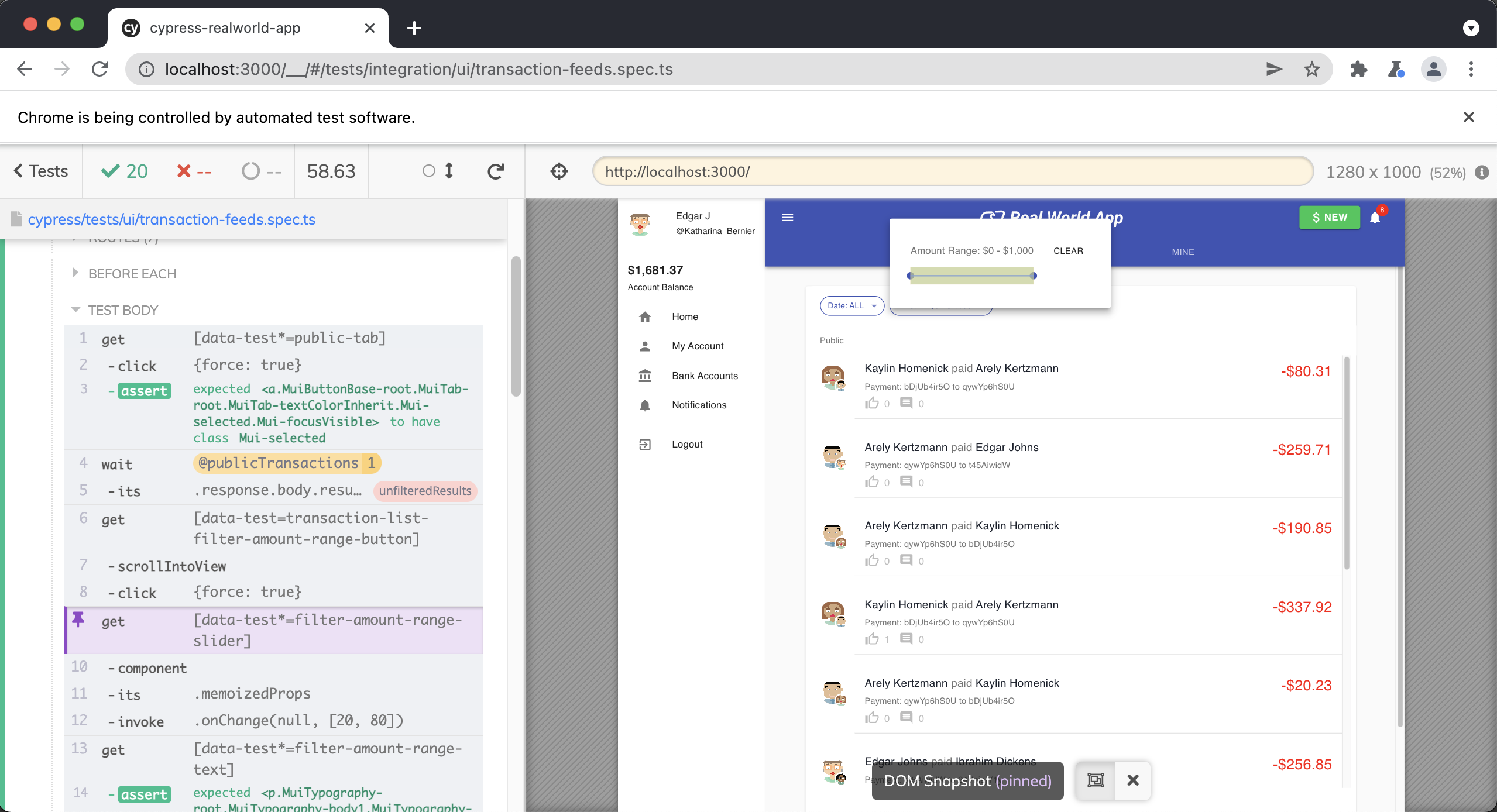 Screenshot of Cypress App of a passing test showing the 'get' command highlighted in purple in the Cypress Command Log. The text beside the 'get' command says 'data-test=filter-amount-range-slider'. The application under test shows the Real World App with an ammount range slider displaying in a popover with a 'clear' button.